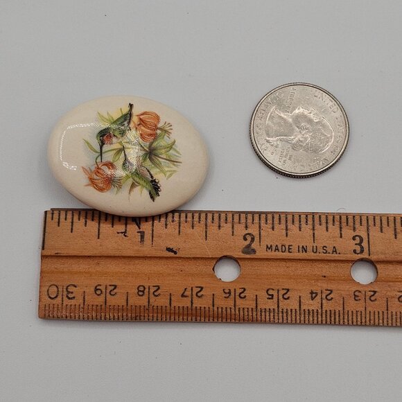 VTG Ceramic Porcelain Cabochon Transferware Flora Fauna Hummingbird Brooch Pin - Picture 2 of 10